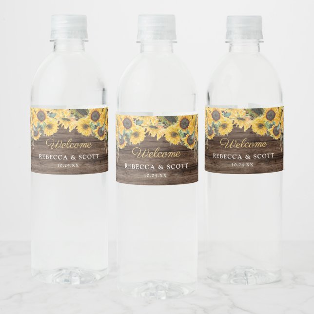 Rustic Sunflower Wood Barn Wedding Welcome Water Bottle Label (Bottles)