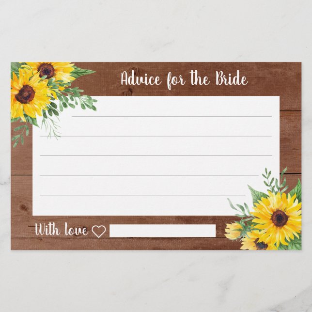 Rustic Sunflower Wood Bridal Shower Advice Cards (Front)
