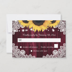 Rustic Sunflower Wood Burgundy Wedding RSVP Card
