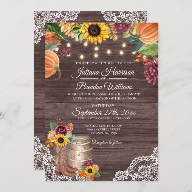 Rustic Sunflower Wood Fall Wedding Invitation (Front/Back)