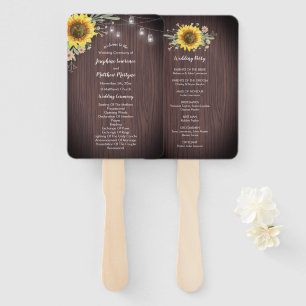 Rustic Sunflower Wood Jar Lights Wedding Program Hand Fan