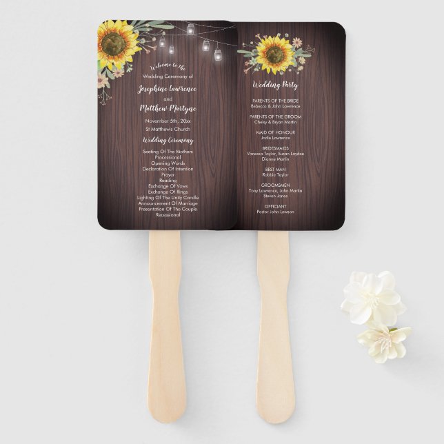 Rustic Sunflower Wood Jar Lights Wedding Program Hand Fan (Front and Back)