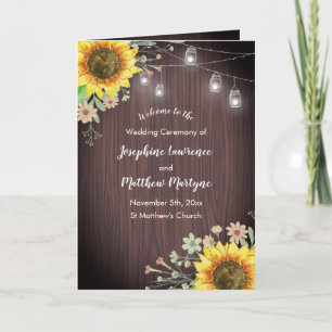 Rustic Sunflower Wood Jar Lights Wedding Programme