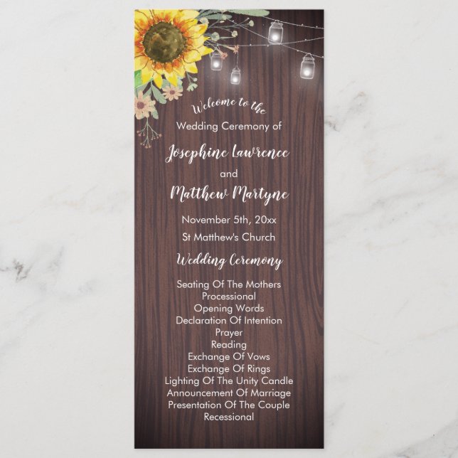 Rustic Sunflower Wood Jar Lights Wedding Programme (Front)