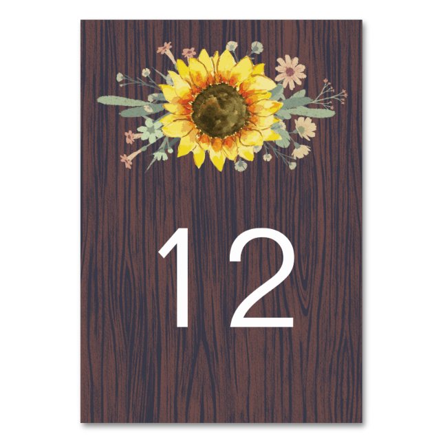 Rustic Sunflower Wood Jar Lights Wedding Table Number (Front)