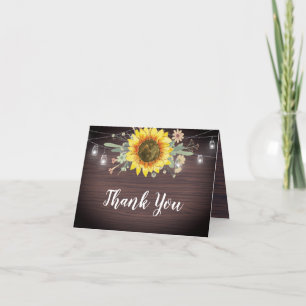 Rustic Sunflower Wood Jar Lights Wedding Thank You Card
