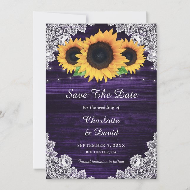 Rustic Sunflower Wood Lace Purple Wedding Save The Date (Front)