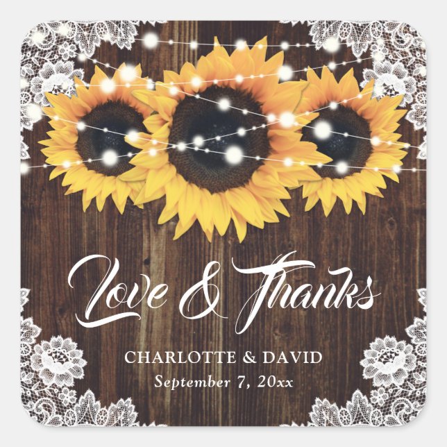 Rustic Sunflower Wood Lace Wedding Thank You Square Sticker (Front)