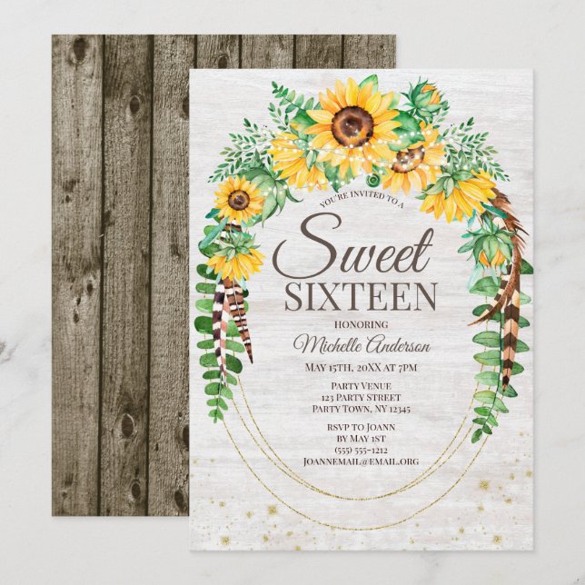 Rustic Sunflower Wood Lights Sweet Sixteen Invitation (Front/Back)