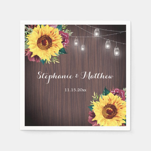 Rustic Sunflower Wood Mason Jar Lights Wedding Napkin (Front)
