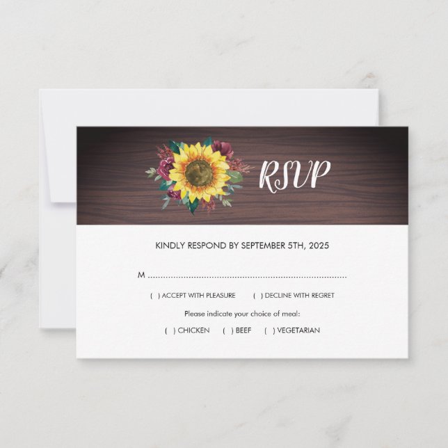 Rustic Sunflower Wood Meals Wedding RSVP Card (Front)