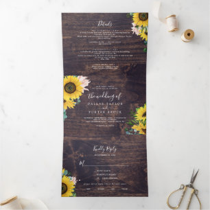 Rustic Sunflower Wood Photo Wedding All In One Tri-Fold Invitation