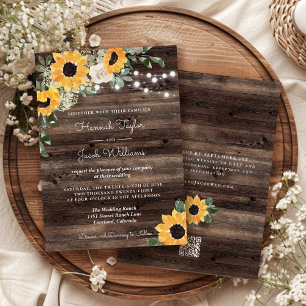 Rustic Sunflower Wood QR Code RSVP Wedding Invitation