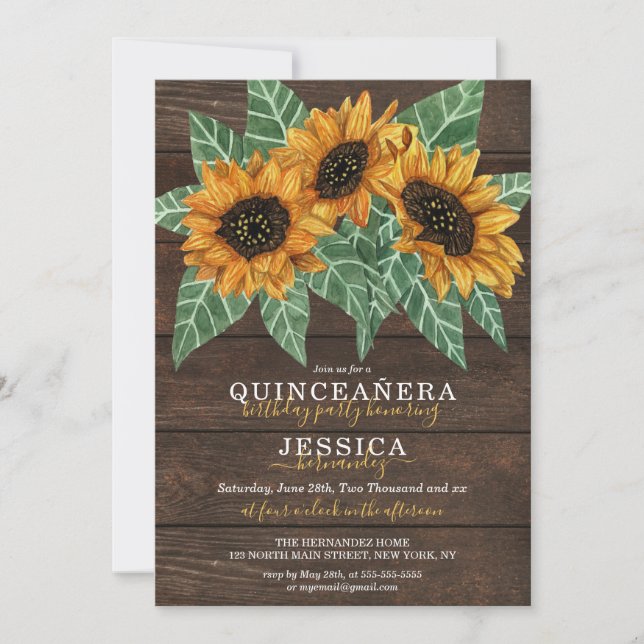 Rustic Sunflower Wood Watercolor Quinceañea Invitation (Front)