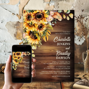 Rustic Sunflower Wood Wedding Invitation