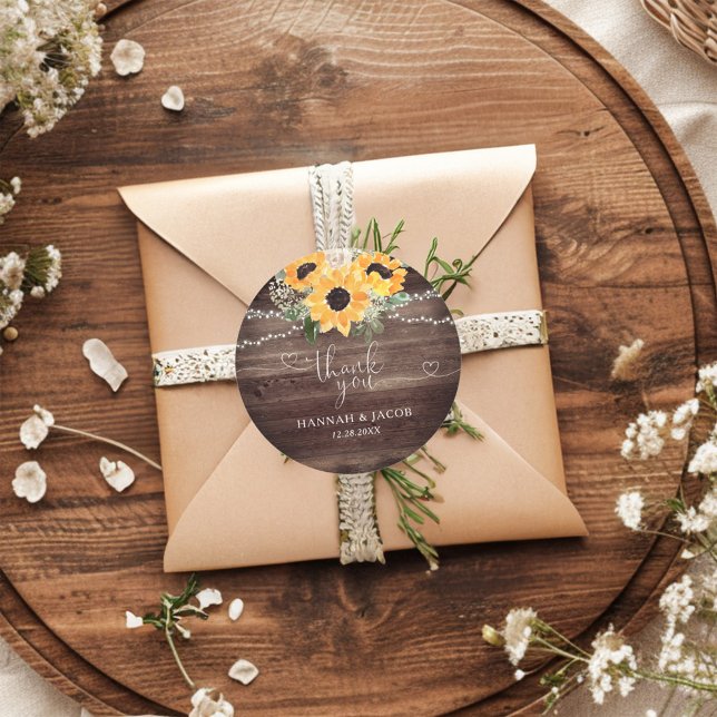 Rustic Sunflower Wood Wedding Thank You Favour Classic Round Sticker (Creator Uploaded)