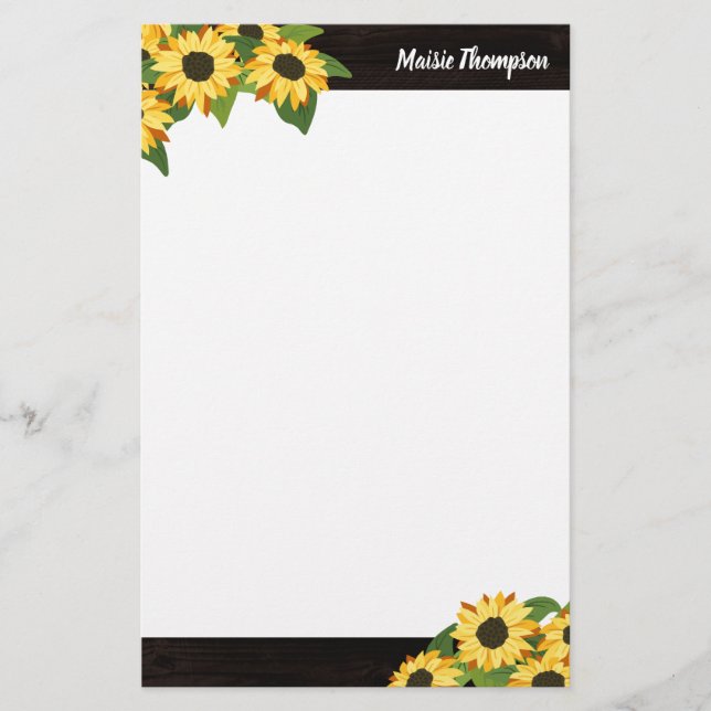 Rustic Sunflower & Wood With Your Name Stationery (Front)