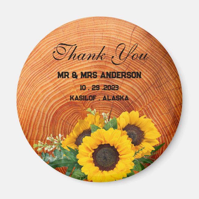 Rustic Sunflower Wooden Wedding Favour Gift Magnet (Front)