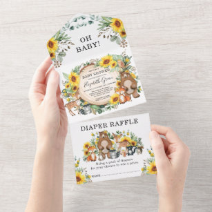 Rustic Sunflower Woodland Animals Baby Shower All In One Invitation