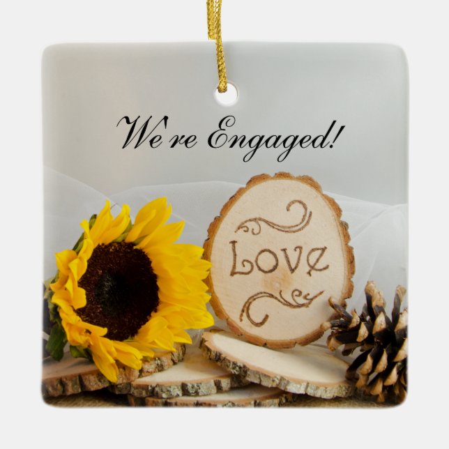 Rustic Sunflower Woodland Engagement Ornament (Front)