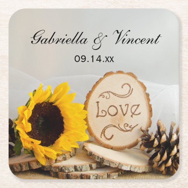 Rustic Sunflower Woodland Wedding Square Paper Coaster (Front)