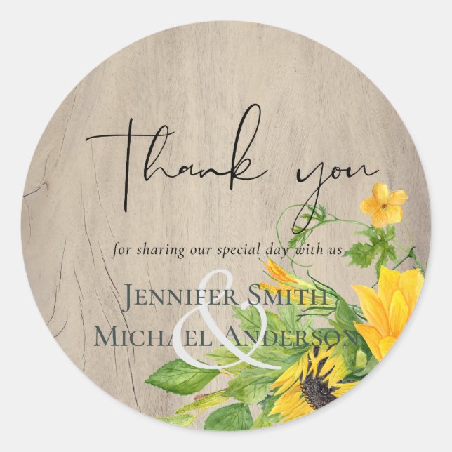 Rustic Sunflower Woodland Wedding Thank you Classic Round Sticker (Front)