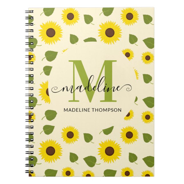 Rustic Sunflower Yellow Green Leaf Monogram Notebook (Front)