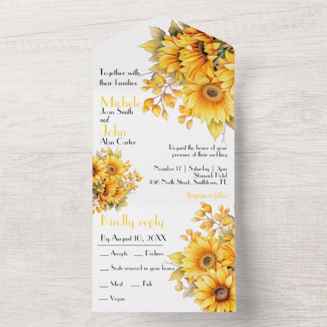 Rustic sunflower, yellow wedding all in one invitation (Inside)