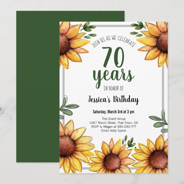 Rustic Sunflowers 70th Birthday Party Invitation (Front/Back)
