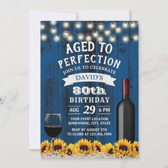 Rustic Sunflowers 80th Birthday Wine Party Invitation (Front)