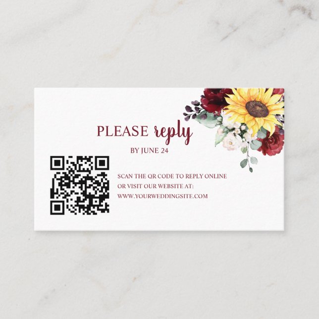 Rustic Sunflowers and Burgundy Roses RSVP QR Code Business Card (Front)
