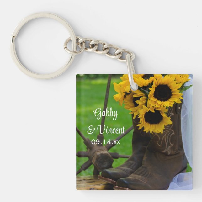 Rustic Sunflowers and Cowboy Boots Country Wedding Key Ring (Front)