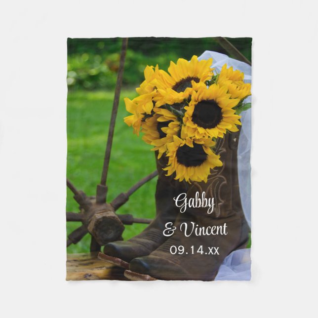 Rustic Sunflowers and Cowboy Boots Western Wedding Fleece Blanket (Front)
