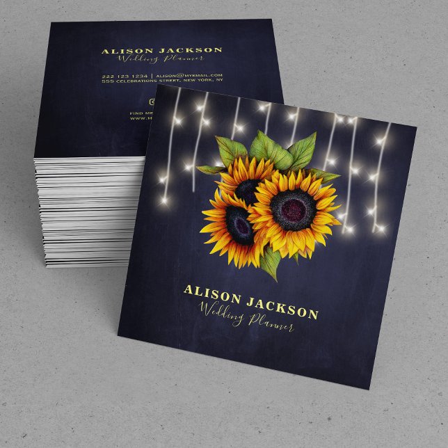 Rustic sunflowers and lights navy wedding planner square business card (Creator Uploaded)