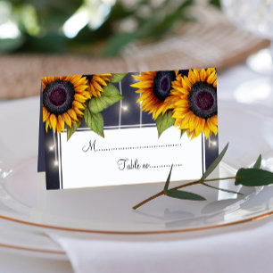 Rustic sunflowers and lights wedding table place card