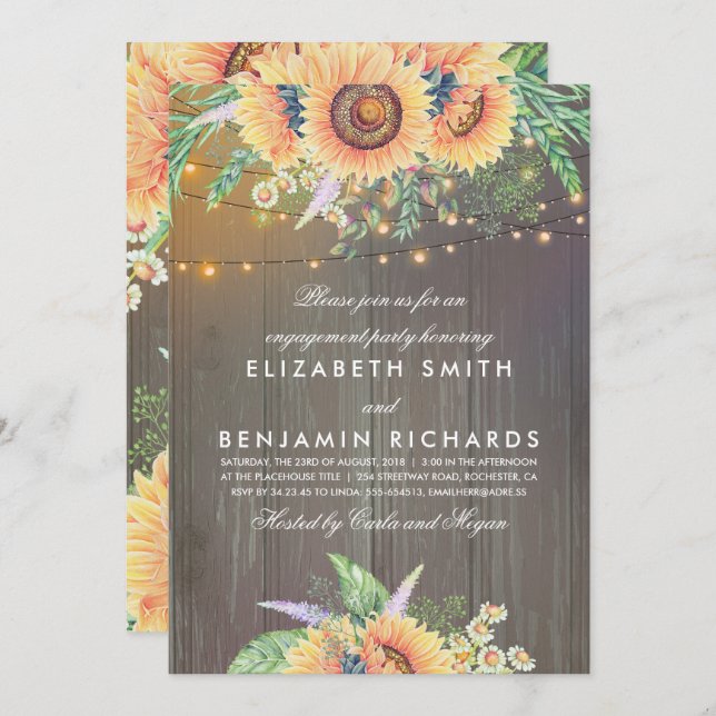 Rustic Sunflowers and Lights Wood Engagement Party Invitation (Front/Back)