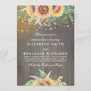 Rustic Sunflowers and Lights Wood Rehearsal Dinner Invitation