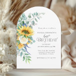 Rustic Sunflowers and Roses Floral 60th Birthday Invitation<br><div class="desc">In charming boho style, this lovely birthday party invitation celebrates a milestone 60th birthday. The age can be personalised for any age! The design features an arch shaped card stock with a carefree bouquet of yellow sunflowers and white roses with trailing eucalyptus greenery cascading along the left side of the...</div>