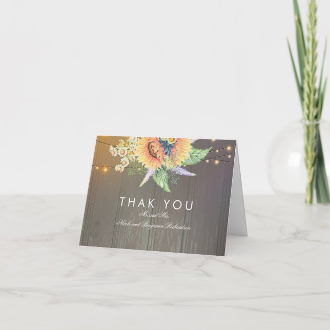 Rustic Sunflowers and String Lights Wood Thank You Card (Front)
