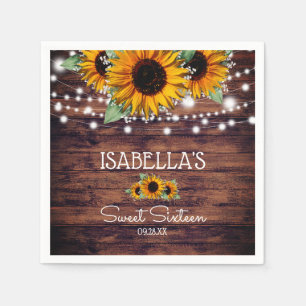 Rustic Sunflowers and Twinkle Lights Sweet Sixteen Napkin