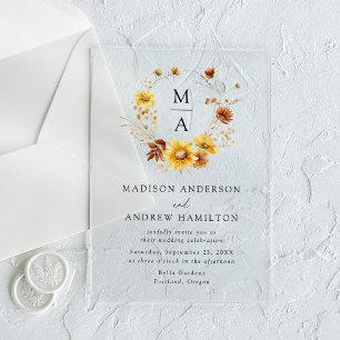 Rustic Sunflowers and Wildflowers Monogram Wedding Acrylic Invitations