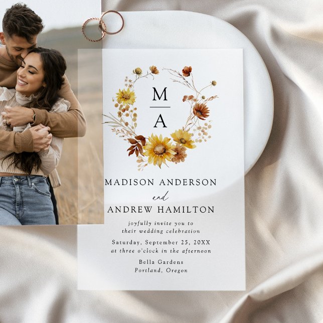 Rustic Sunflowers and Wildflowers Monogram Wedding Vellum Invitations (Creator Uploaded)