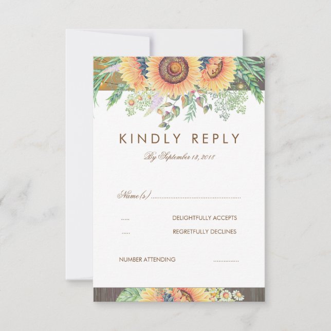Rustic Sunflowers and Wood Wedding RSVP Card (Front)