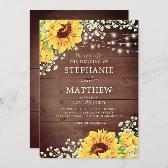 Rustic Sunflowers Babys Breath Lights Wedding Invitation (Front/Back)