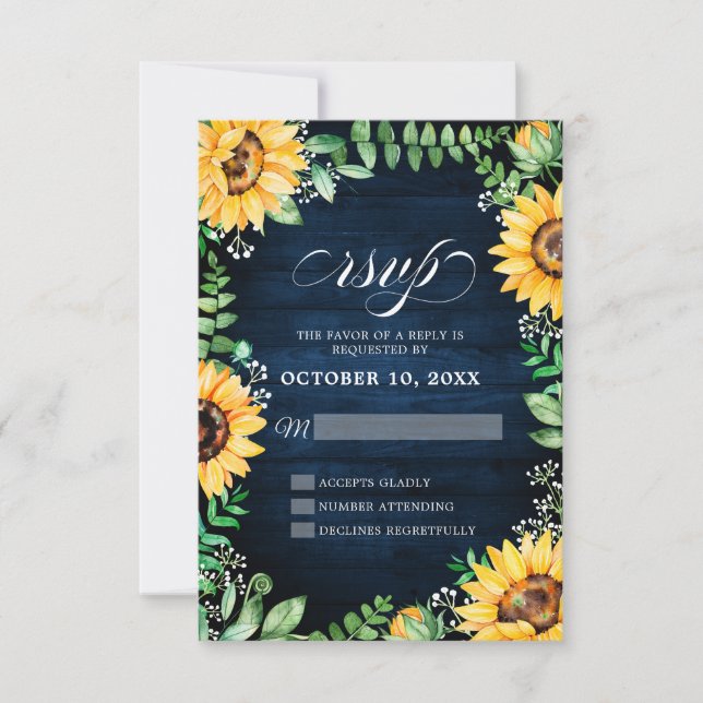 Rustic Sunflowers Baby's Breath Navy Blue Wedding RSVP Card (Front)