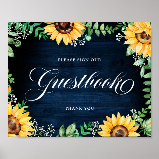 Rustic Sunflowers Baby's Breath Navy Guestbook (Front)