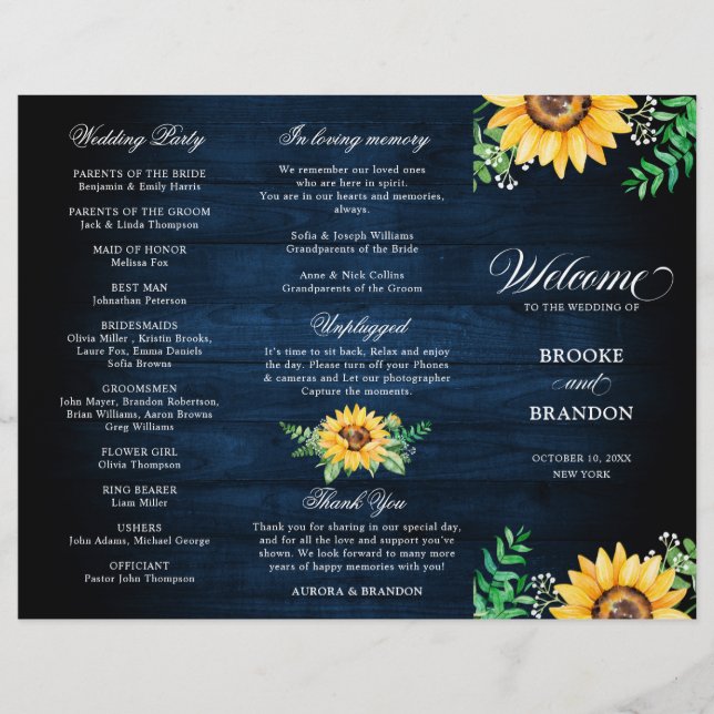 Rustic Sunflowers Baby's Breath Wedding Program (Front)
