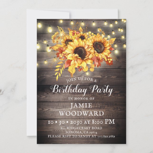 Rustic Sunflowers Barn Wood Birthday Party Invitat Invitation (Front)