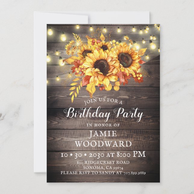 Rustic Sunflowers Barn Wood Birthday Party Invitation (Front)