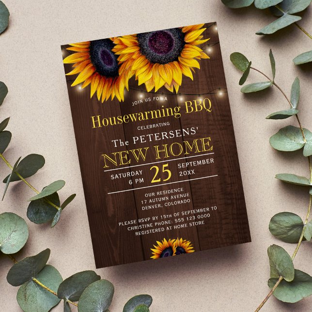 Rustic sunflowers barn wood housewarming bbq invitation (Creator Uploaded)